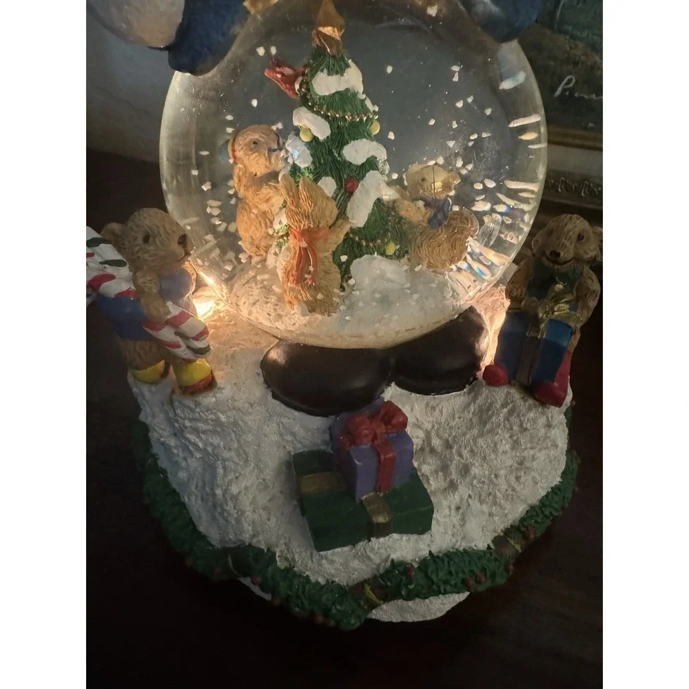 Vintage Three Jay's Musical Snowman Snow Globe Bunnies & Bears Woodland Holiday